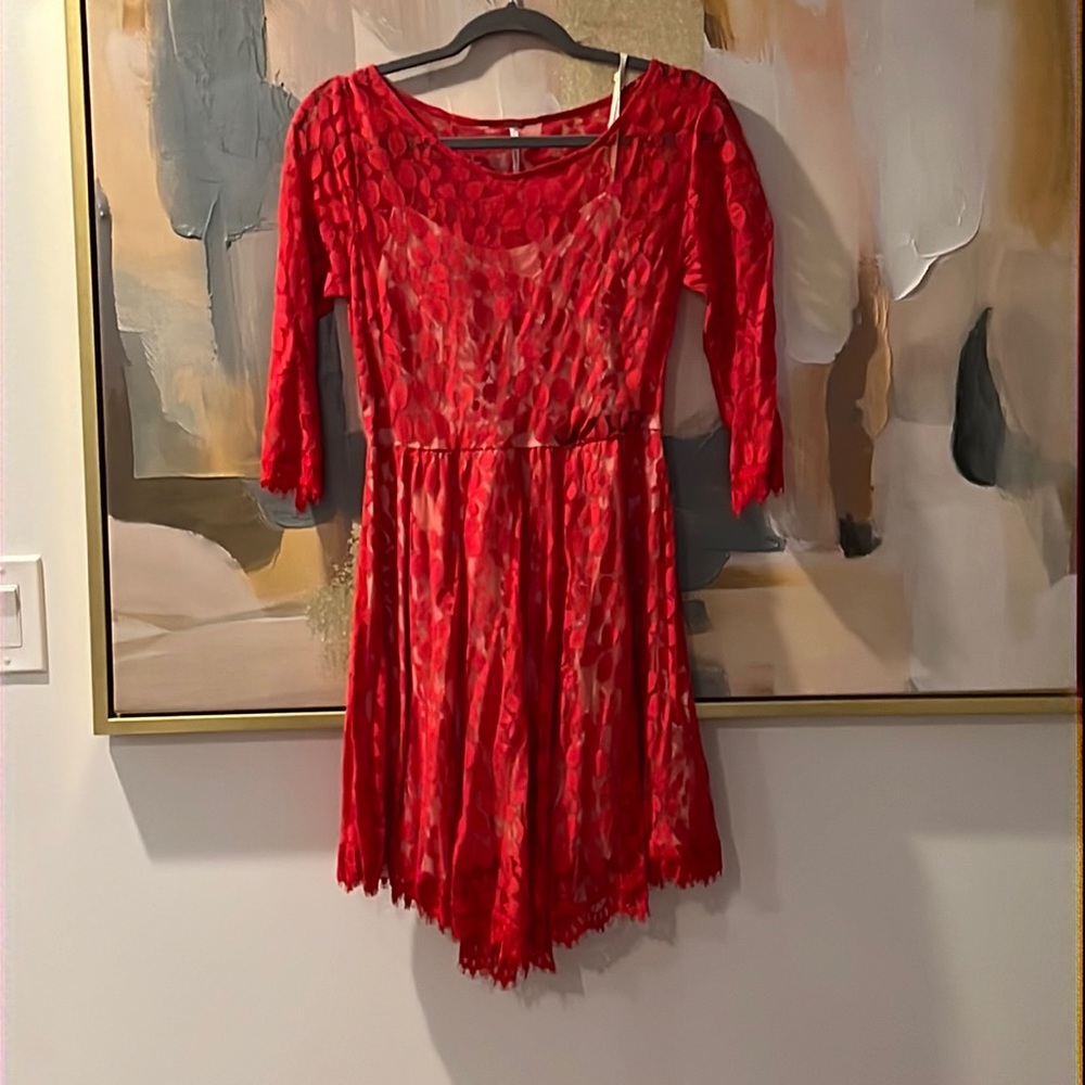 Free People Size 6 Red Lace dress with nude lining
